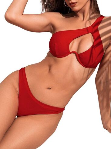 SweatyRocks Women's 2 Piece Cut Out Bathing Suit One Shoulder Bra High Cut Bikini Swimsuit in Saudi Arabia