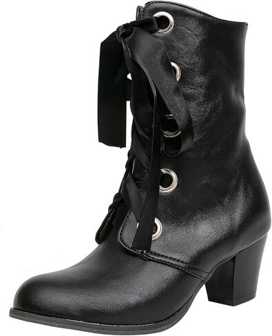 getmorebeauty Women's Mid Calf Boots Retro Vintage Booties Lace Up Low Chunky Pointed Toe Leather Ankle Boots in Saudi Arabia