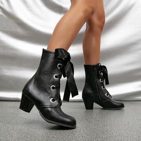getmorebeauty Women's Mid Calf Boots Retro Vintage Booties Lace Up Low Chunky Pointed Toe Leather Ankle Boots in Saudi Arabia