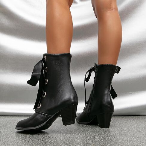 getmorebeauty Women's Mid Calf Boots Retro Vintage Booties Lace Up Low Chunky Pointed Toe Leather Ankle Boots in Saudi Arabia