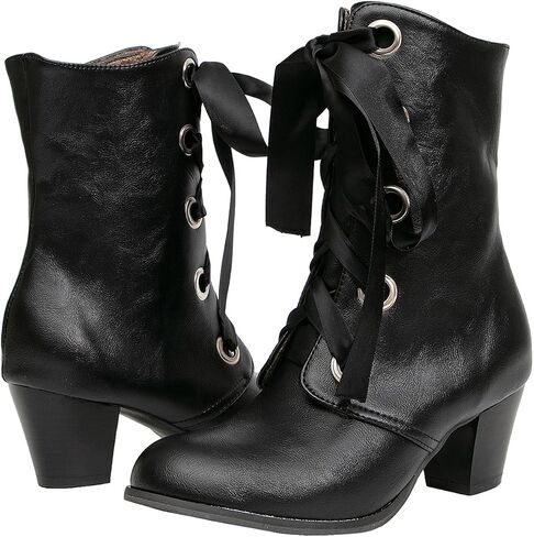 getmorebeauty Women's Mid Calf Boots Retro Vintage Booties Lace Up Low Chunky Pointed Toe Leather Ankle Boots in Saudi Arabia