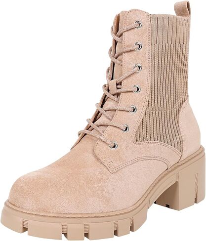 Women's Combat Boots Lace Up Round Toe Chunky Heel Ankle Boots for Outdoor Hiking Chelsea Booties, Faux Suede Leather in Saudi Arabia