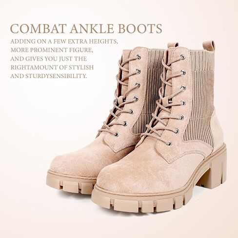 Women's Combat Boots Lace Up Round Toe Chunky Heel Ankle Boots for Outdoor Hiking Chelsea Booties, Faux Suede Leather in Saudi Arabia