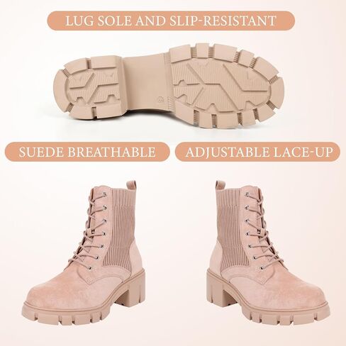 Women's Combat Boots Lace Up Round Toe Chunky Heel Ankle Boots for Outdoor Hiking Chelsea Booties, Faux Suede Leather in Saudi Arabia