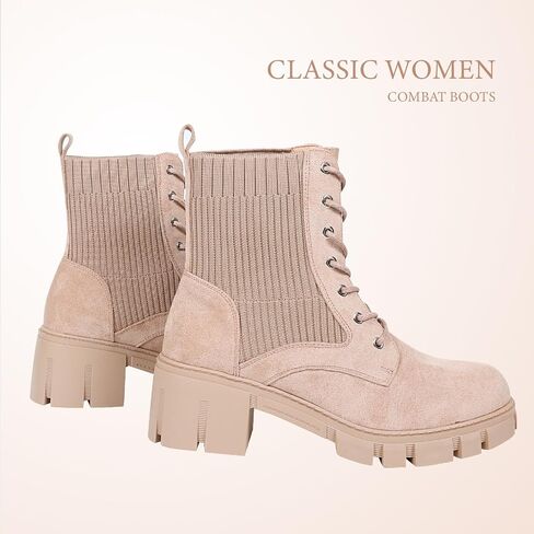 Women's Combat Boots Lace Up Round Toe Chunky Heel Ankle Boots for Outdoor Hiking Chelsea Booties, Faux Suede Leather in Saudi Arabia