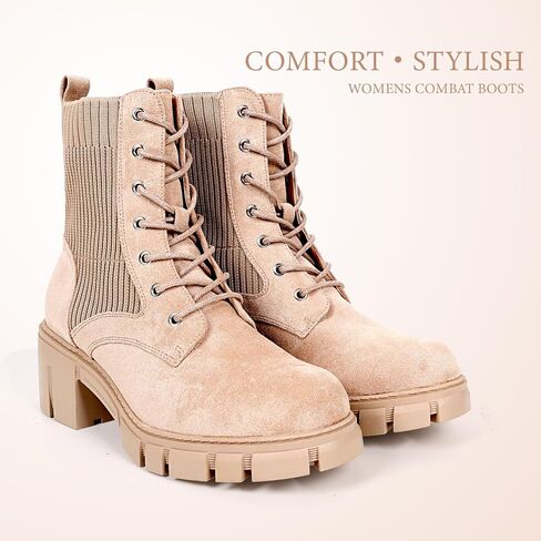 Women's Combat Boots Lace Up Round Toe Chunky Heel Ankle Boots for Outdoor Hiking Chelsea Booties, Faux Suede Leather in Saudi Arabia