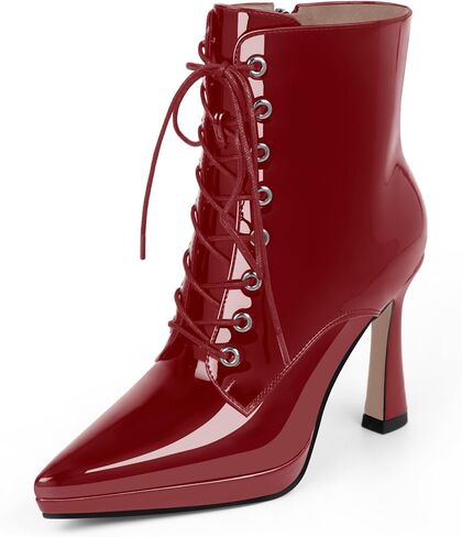 Women's Ankle Boots Pointed Toe Platform Patent Leather Side Zipper Lace Up High Stiletto Heel Booties in Saudi Arabia