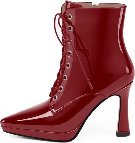 Women's Ankle Boots Pointed Toe Platform Patent Leather Side Zipper Lace Up High Stiletto Heel Booties in Saudi Arabia