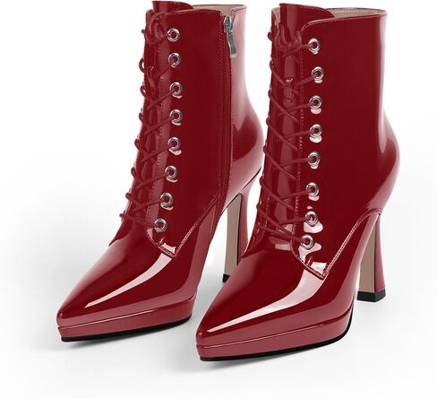 Women's Ankle Boots Pointed Toe Platform Patent Leather Side Zipper Lace Up High Stiletto Heel Booties in Saudi Arabia