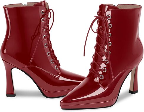 Women's Ankle Boots Pointed Toe Platform Patent Leather Side Zipper Lace Up High Stiletto Heel Booties in Saudi Arabia