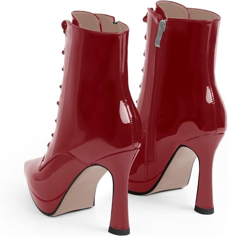 Women's Ankle Boots Pointed Toe Platform Patent Leather Side Zipper Lace Up High Stiletto Heel Booties in Saudi Arabia