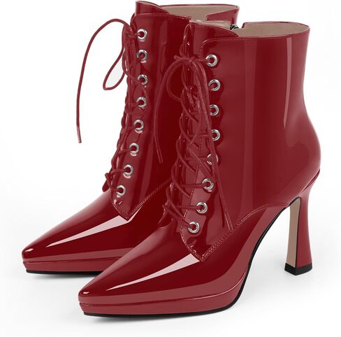 Women's Ankle Boots Pointed Toe Platform Patent Leather Side Zipper Lace Up High Stiletto Heel Booties in Saudi Arabia