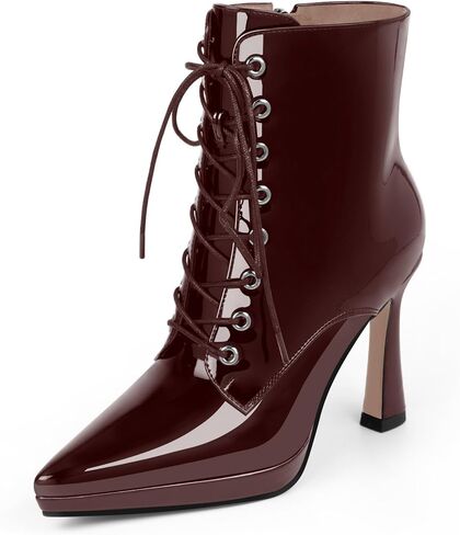Women's Ankle Boots Pointed Toe Platform Patent Leather Side Zipper Lace Up High Stiletto Heel Booties in Saudi Arabia
