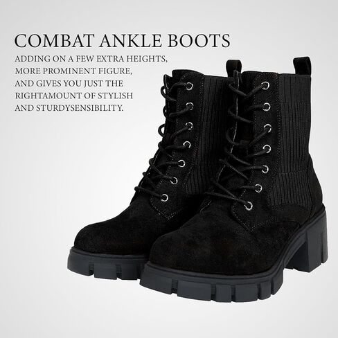 Women's Combat Boots Lace Up Round Toe Chunky Heel Ankle Boots for Outdoor Hiking Chelsea Booties, Faux Suede Leather in Saudi Arabia