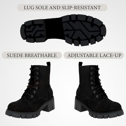 Women's Combat Boots Lace Up Round Toe Chunky Heel Ankle Boots for Outdoor Hiking Chelsea Booties, Faux Suede Leather in Saudi Arabia