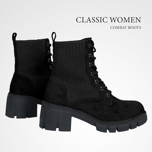Women's Combat Boots Lace Up Round Toe Chunky Heel Ankle Boots for Outdoor Hiking Chelsea Booties, Faux Suede Leather in Saudi Arabia