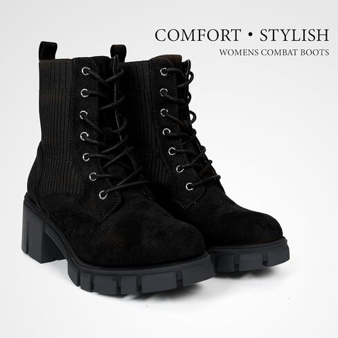 Women's Combat Boots Lace Up Round Toe Chunky Heel Ankle Boots for Outdoor Hiking Chelsea Booties, Faux Suede Leather in Saudi Arabia
