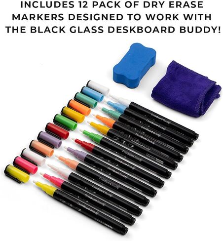 DeskBoard Buddy Desktop Whiteboard With Calculator + 12 Markers - Black Desk Dry Erase Easel Board Pad for Computer Table Top - Small Size, Portable, Glass Tabletop Notepad Bord With Mini Marker Stand in Saudi Arabia