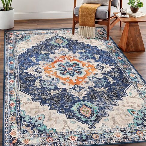 Small Rug 2x3 Blue Boho Bathroom Rugs for Bedroom Entryway Throw Kitchen Rugs Non Slip Washable Vintage Area Rug Low Pile Indoor Doormat Distressed Thin Carpet in Saudi Arabia