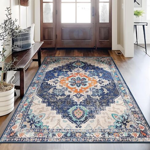 Small Rug 2x3 Blue Boho Bathroom Rugs for Bedroom Entryway Throw Kitchen Rugs Non Slip Washable Vintage Area Rug Low Pile Indoor Doormat Distressed Thin Carpet in Saudi Arabia