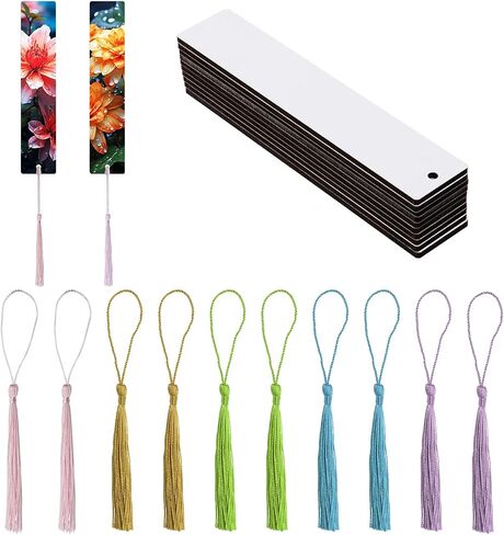 Sublimation Blank Bookmarks 10Pcs Double-Side Heat Transfer Wooden Craft Book Marker with 10Pcs Colorful Silky Tassels for Birthday Wedding Christmas Gift tag Craft Projects (3 * 9.4cm, Rectangle) in Saudi Arabia