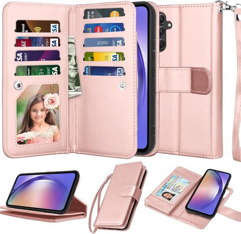 Njjex Galaxy A54 5G Case, for Samsung Galaxy A54 5G Wallet Case, [9 Card Slots] PU Leather ID Credit Holder Folio Flip [Detachable] Kickstand Magnetic Phone Cover & Lanyard for Samsung A54 [Black] in Saudi Arabia