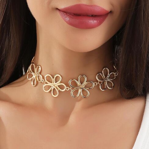 Gold Geometry Flower Choker Necklace for Women Girls Trendy Heart Chokers Necklaces Minimalist Chain Neckless Jewelry Cute Sexy Fashion Party Prom 90s Accessories in Saudi Arabia