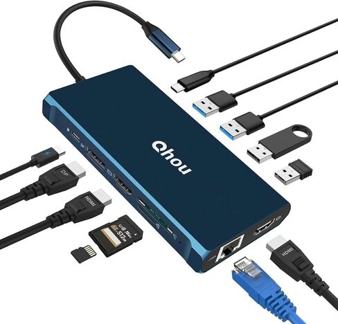 محطة إرساء USB C شاشة مزدوجة، محول متعدد عرض ثلاثي USB C 12 في 1، محور محمول من النوع C مع 2 HDMI، VGA، 100 واط PD، ميكروفون/صوت، SD/TF، ​​منافذ إيثرنت متوافقة مع الأجهزة اللوحية وأجهزة الكمبيوتر المحمولة in Saudi Arabia