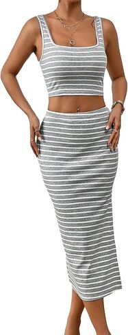 MakeMeChic Women's Two Piece Outfits Striped Ribbed Knit Sleeveless Crop Tank Top and Split Thigh Skirt in Saudi Arabia
