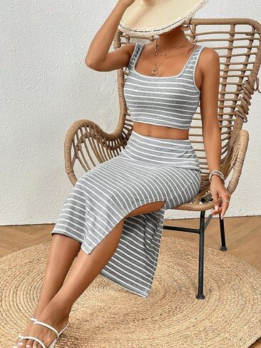 MakeMeChic Women's Two Piece Outfits Striped Ribbed Knit Sleeveless Crop Tank Top and Split Thigh Skirt in Saudi Arabia