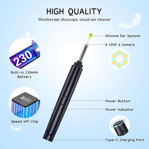 Ear Wax Removal Tool, Smart Visual Ear Cleaner, 1080P FHD Wireless Ear Otoscope with 6 LED Lights, 5 Ear Spoon & 8 Traditional Tools, IP67 Waterproof WiFi Ear Camera for iPhone, iPad & Android (Black) in Saudi Arabia