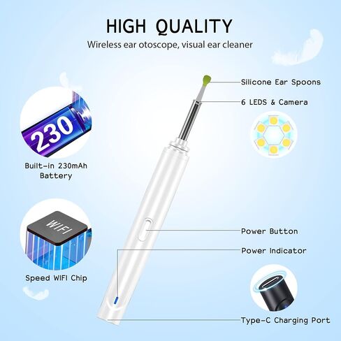 Ear Wax Removal Tool, Smart Visual Ear Cleaner, 1080P FHD Wireless Ear Otoscope with 6 LED Lights, 5 Ear Spoon & 8 Traditional Tools, IP67 Waterproof WiFi Ear Camera for iPhone, iPad & Android (Black) in Saudi Arabia