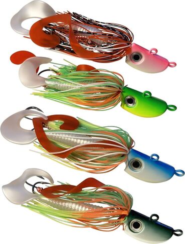 4 Bearded Bucktail Saltwater Octopus Jigs Striper, Flounder, Fluke, Bass, Bluefish, Blackfish Offshore, Surf Fishing Speed, Slow Jigging, Vertical Pitching Lures Assorted Kit in Saudi Arabia