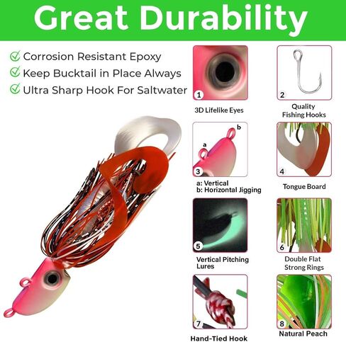 4 Bearded Bucktail Saltwater Octopus Jigs Striper, Flounder, Fluke, Bass, Bluefish, Blackfish Offshore, Surf Fishing Speed, Slow Jigging, Vertical Pitching Lures Assorted Kit in Saudi Arabia