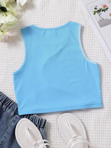 COZYEASE Girls' Sleeveless Tank Top Colorblock Ribbed Knit Round Neck Slim Fit Preppy Cute Crop Tops Blue Solid 11-12Y in Saudi Arabia