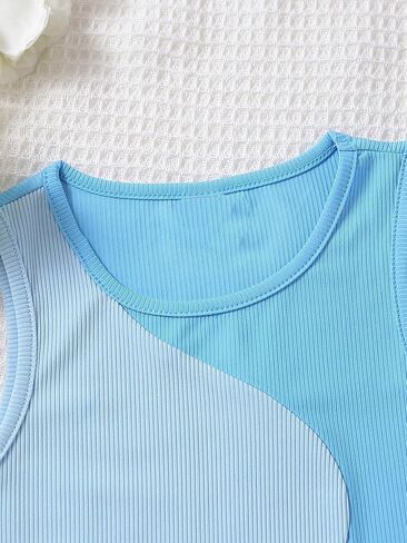 COZYEASE Girls' Sleeveless Tank Top Colorblock Ribbed Knit Round Neck Slim Fit Preppy Cute Crop Tops Blue Solid 11-12Y in Saudi Arabia