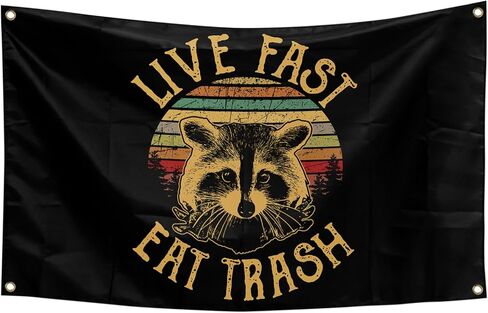 Piwine Live Fast Eat Trash Retro Cartoon Raccoon Pattern Tapestry 3x5 Ft Outdoor Indoor Tapestry for Bedroom Living Room Dorm Wall Decorations, black in Kuwait