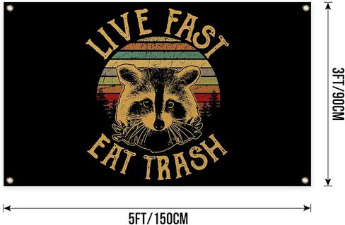 Piwine Live Fast Eat Trash Retro Cartoon Raccoon Pattern Tapestry 3x5 Ft Outdoor Indoor Tapestry for Bedroom Living Room Dorm Wall Decorations, black in Kuwait