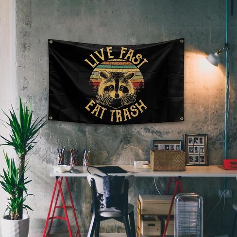 Piwine Live Fast Eat Trash Retro Cartoon Raccoon Pattern Tapestry 3x5 Ft Outdoor Indoor Tapestry for Bedroom Living Room Dorm Wall Decorations, black in Kuwait