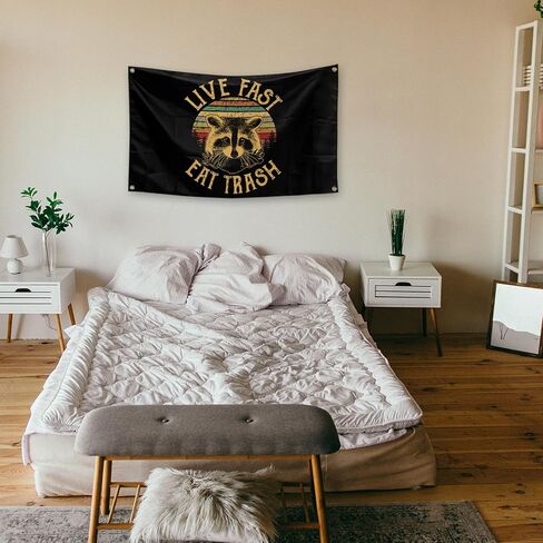 Piwine Live Fast Eat Trash Retro Cartoon Raccoon Pattern Tapestry 3x5 Ft Outdoor Indoor Tapestry for Bedroom Living Room Dorm Wall Decorations, black in Kuwait