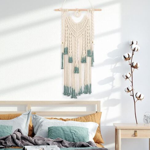 Alynsehom Macrame الجدار شنقا الأخضر والبيج نسيج منسوج بوهو شيك شرابات قلادة الهبي البوهيمي جدار الفن غرفة نوم غرفة المعيشة النوم خلفية ديكورات المنزل، 33 "× 18" (الأخضر والبيج) in Kuwait