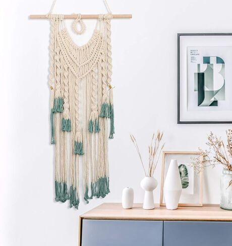 Alynsehom Macrame الجدار شنقا الأخضر والبيج نسيج منسوج بوهو شيك شرابات قلادة الهبي البوهيمي جدار الفن غرفة نوم غرفة المعيشة النوم خلفية ديكورات المنزل، 33 "× 18" (الأخضر والبيج) in Kuwait