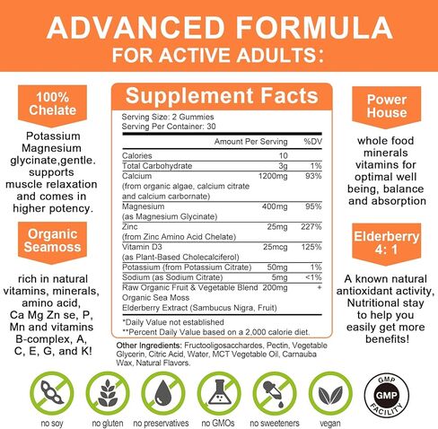 Calcium Magnesium Zinc Gummies with Magnesium Glycinate,Potassium,Vitamin C, D3, K2| 1200mg Plant Complex Calcium Supplement for Bone and Immune Support- Chewable Gummy sugar-free -(2pack) in Kuwait