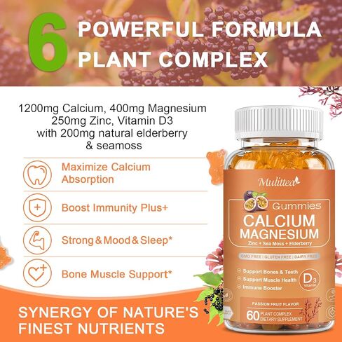 Calcium Magnesium Zinc Gummies with Magnesium Glycinate,Potassium,Vitamin C, D3, K2| 1200mg Plant Complex Calcium Supplement for Bone and Immune Support- Chewable Gummy sugar-free -(2pack) in Kuwait