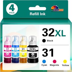 Clorisun 31 32XL Ink Bottle Set Refill Ink Compatible for HP Smart Tank 5000 7602 6001 5101 7301 7001 Plus 651 551 455 457 450 All-in-One Ink-Tank Printers (Black, Cyan, Magenta, Yellow, 4-Pack)