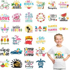 Whaline 30 Sheets Summer Iron On Transfers Patches Summertime Vinyl Heat Transfers Patches Decals Watermelon Ice Cream Beach Summer Fashion Heat Transfer Stickers for Clothing Fabric DIY Craft Decor
