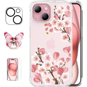 جراب ROSEPARROT مصمم لهاتف iPhone 15 مع واقي شاشة من الزجاج المقوى + واقي عدسة الكاميرا، شفاف بتصميم نمط الأزهار، غطاء واقٍ مضاد للصدمات، 6.1 بوصة (يراعات)
