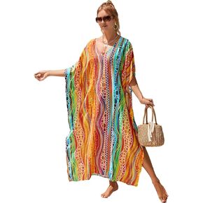 rainbow tie dye caftan for women's swimwear cover ups Vneck Batwing Sleeve Side Split kaftan bikini Beach cover ups 70s caftan coverup ethnic print kaftans muumuu house dresse (AC-1106-13)