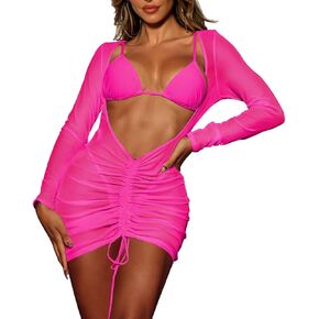 HUUSA Swimsuits Coverups for Women Long Sleeve Bathing Suit Cover Up Drawstring Mesh Sheer Dress 2024 Trendy