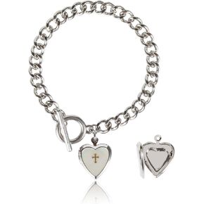 Link Bracelet, Cross Love Heart Locket Bracelet With Mother Of Pearl for Women